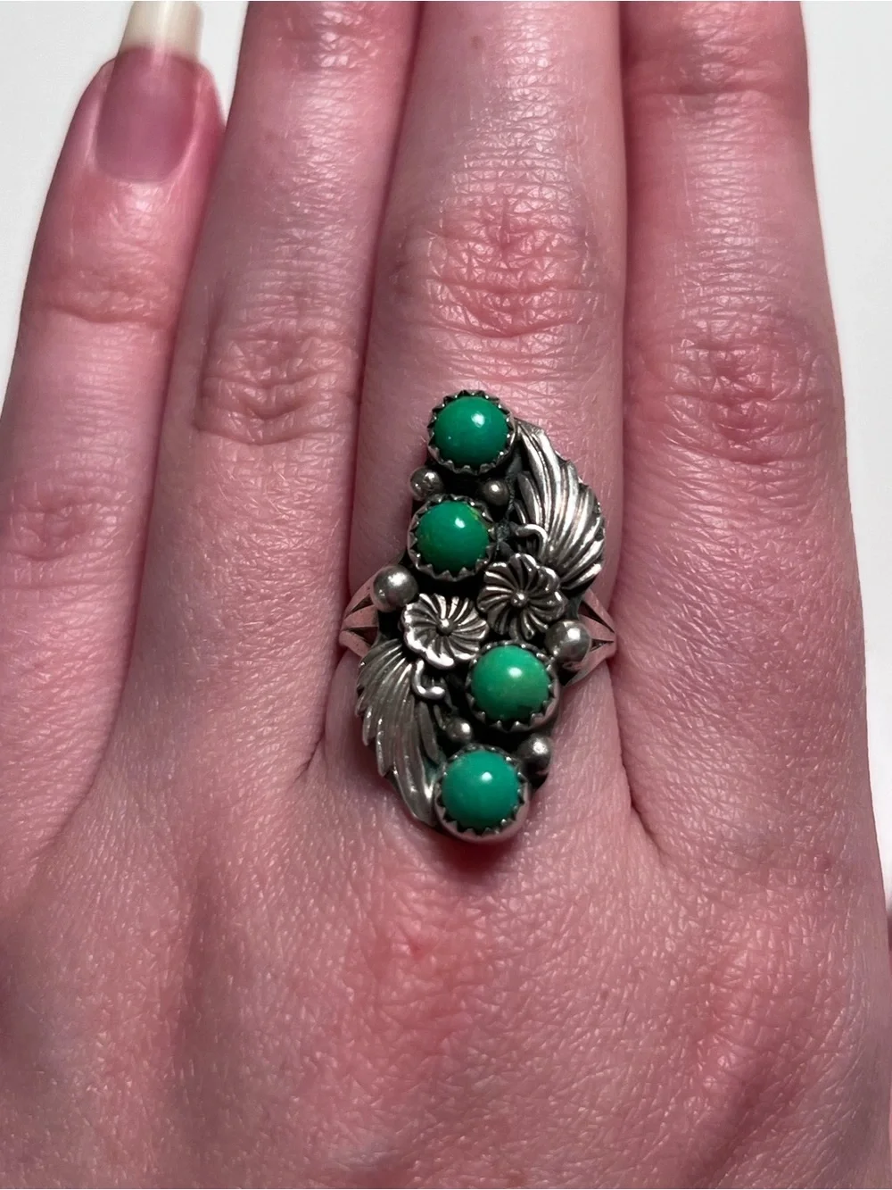 R.B. Navajo 925 Sterling Silver Green Turquoise 4-Stone Floral Leaf Ring Sz 7